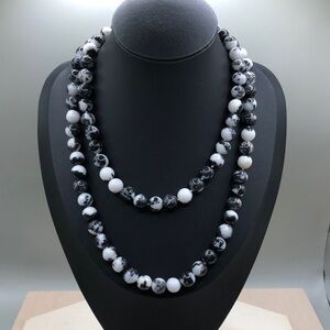 Artisan black and white stone bead long necklace-boho statement